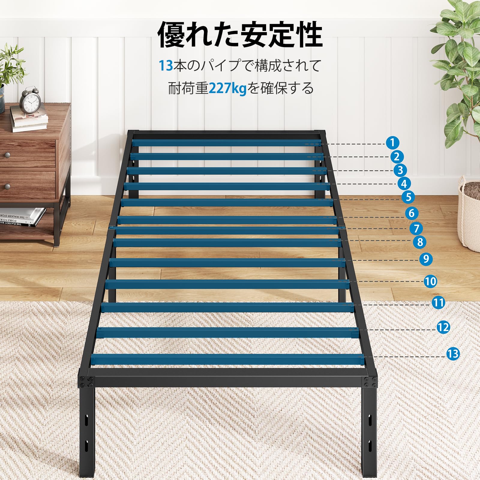 HUANUO(ファーノー) ベッドフレーム シングル パイプベッド 耐荷重350kg スチール製 静音・頑丈・組立簡単 ベッド下収納可能 一人暮らし 学生寮 賃貸対応 195×97×36cm