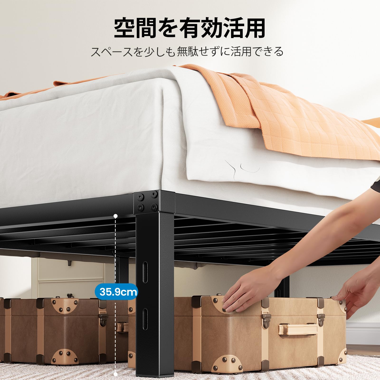 HUANUO(ファーノー) ベッドフレーム シングル パイプベッド 耐荷重350kg スチール製 静音・頑丈・組立簡単 ベッド下収納可能 一人暮らし 学生寮 賃貸対応 195×97×36cm