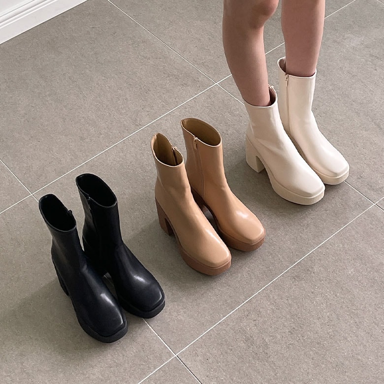 3color ファスナー付きで履き脱ぎ楽ちん. シンプル, ベーシックな スクエアトゥ 前厚 プラットフォーム デイリーショートブーツ 3color ファスナー付きで履き脱ぎ楽ちん. シンプル, ベーシックな スクエアトゥ 前厚 プラットフォーム デイリーショートブーツ