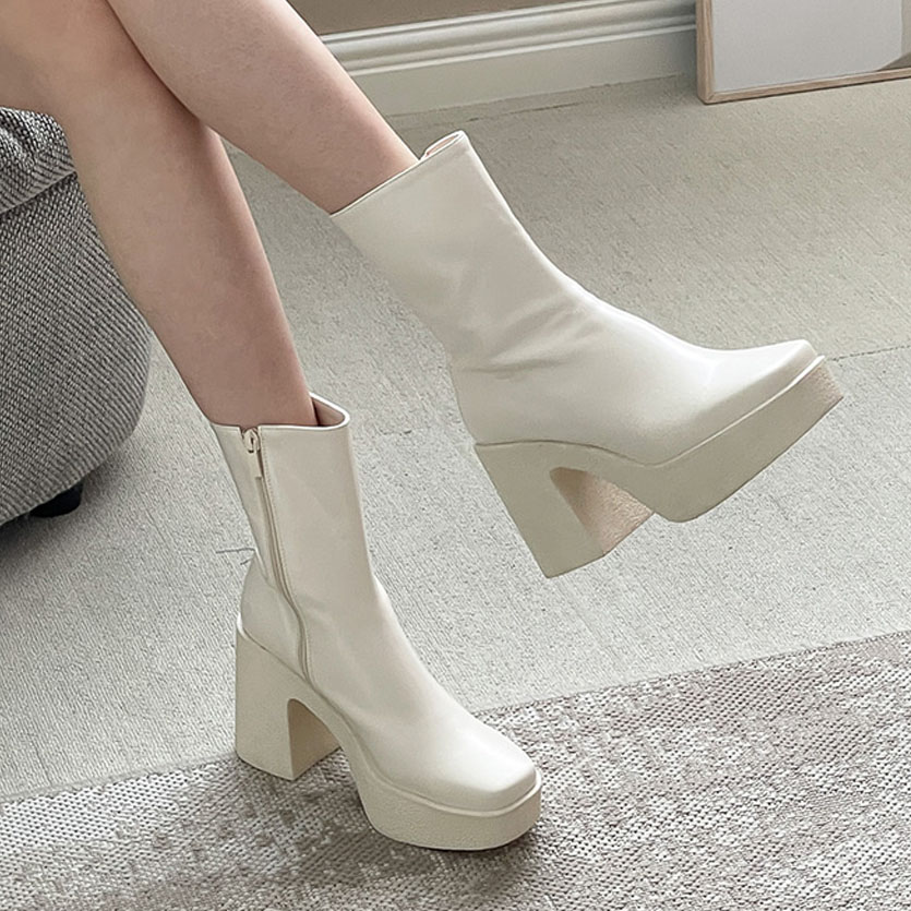 3color ファスナー付きで履き脱ぎ楽ちん. シンプル, ベーシックな スクエアトゥ 前厚 プラットフォーム デイリーショートブーツ 3color ファスナー付きで履き脱ぎ楽ちん. シンプル, ベーシックな スクエアトゥ 前厚 プラットフォーム デイリーショートブーツ