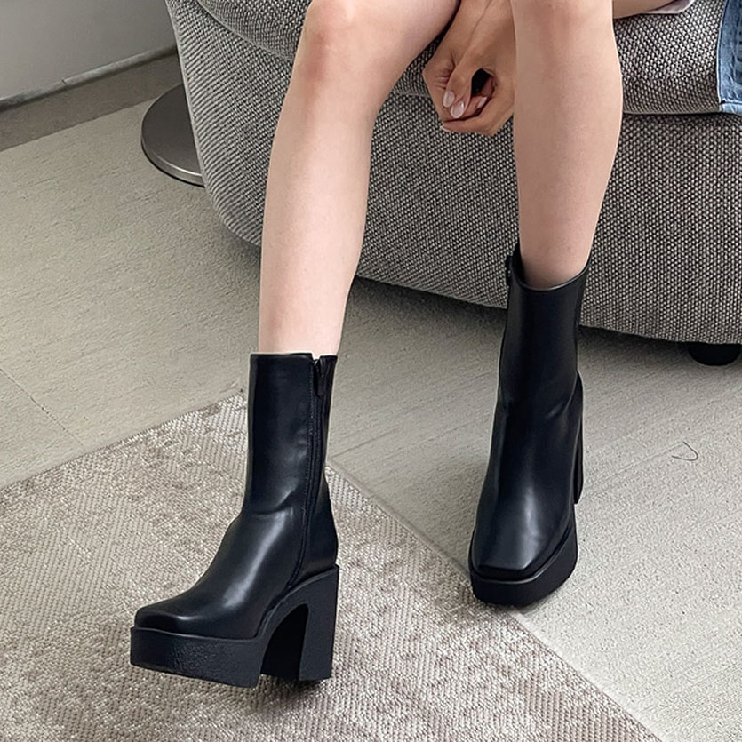 3color ファスナー付きで履き脱ぎ楽ちん. シンプル, ベーシックな スクエアトゥ 前厚 プラットフォーム デイリーショートブーツ 3color ファスナー付きで履き脱ぎ楽ちん. シンプル, ベーシックな スクエアトゥ 前厚 プラットフォーム デイリーショートブーツ