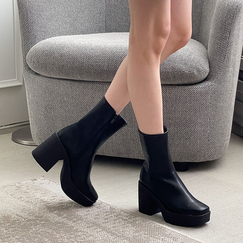3color ファスナー付きで履き脱ぎ楽ちん. シンプル, ベーシックな スクエアトゥ 前厚 プラットフォーム デイリーショートブーツ 3color ファスナー付きで履き脱ぎ楽ちん. シンプル, ベーシックな スクエアトゥ 前厚 プラットフォーム デイリーショートブーツ