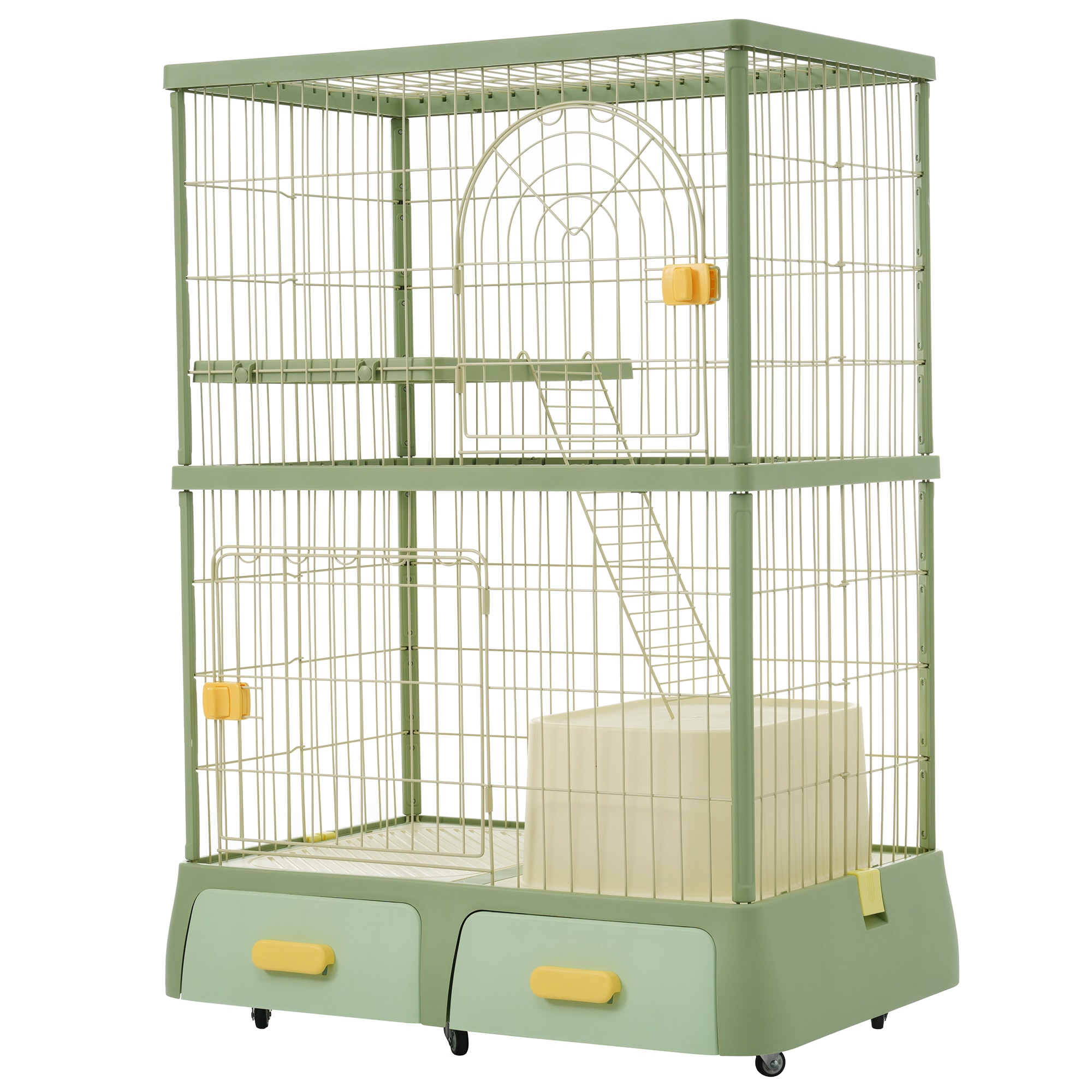 【国内出荷】猫 掃除しやすいトレーケージ キャットケージ 2段 多頭飼い 引き出しトレー 組み立て簡単 猫ドア キャットハウス ペット ゲージ 猫 ゲージ 大型 キャスター付きネコ ハウス 留守番 保