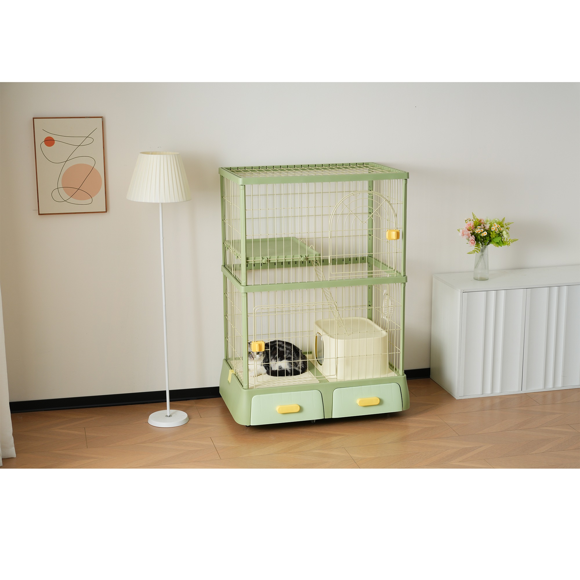 【国内出荷】猫 掃除しやすいトレーケージ キャットケージ 2段 多頭飼い 引き出しトレー 組み立て簡単 猫ドア キャットハウス ペット ゲージ 猫 ゲージ 大型 キャスター付きネコ ハウス 留守番 保