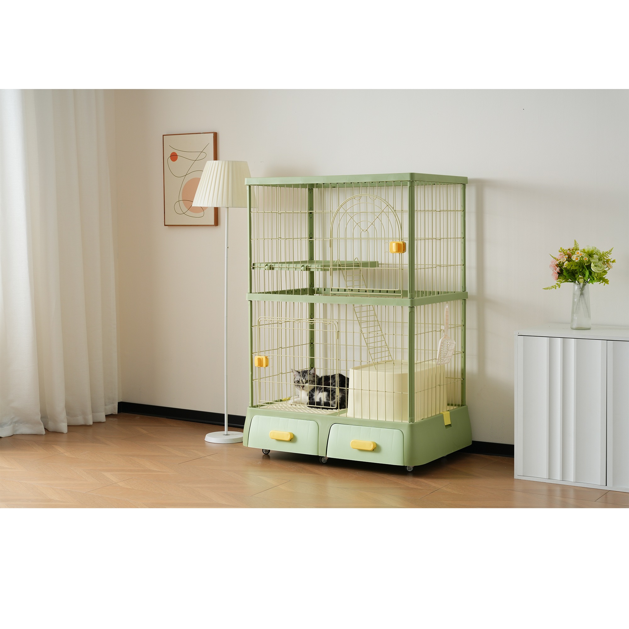 【国内出荷】猫 掃除しやすいトレーケージ キャットケージ 2段 多頭飼い 引き出しトレー 組み立て簡単 猫ドア キャットハウス ペット ゲージ 猫 ゲージ 大型 キャスター付きネコ ハウス 留守番 保