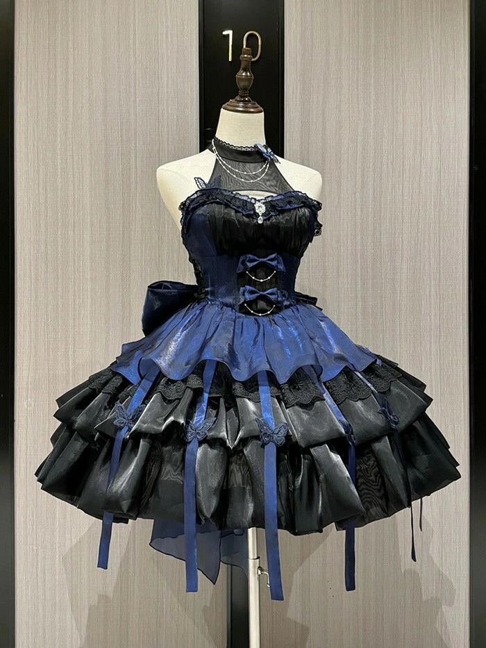 新规入荷続々 ロリータ ワンピース Lolita ブラック×ブルー ハロウィン プリンセス S-XL おしゃれ コスプレ パーティー プレゼント レディース クラロリ コスチューム 仮装 イベント ク