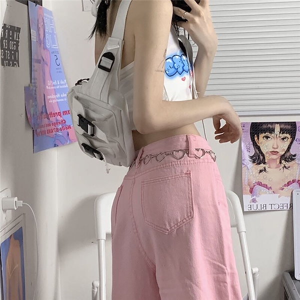 Qoo10] ピンク デニムパンツ ジーンズ ロングパ