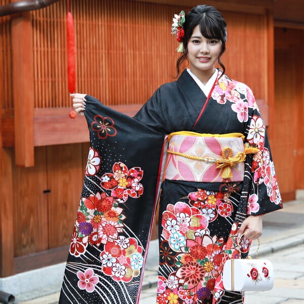 レンタル最大20日間 成人式 振袖 レンタル 20点フルセット 派手 黒地に流水