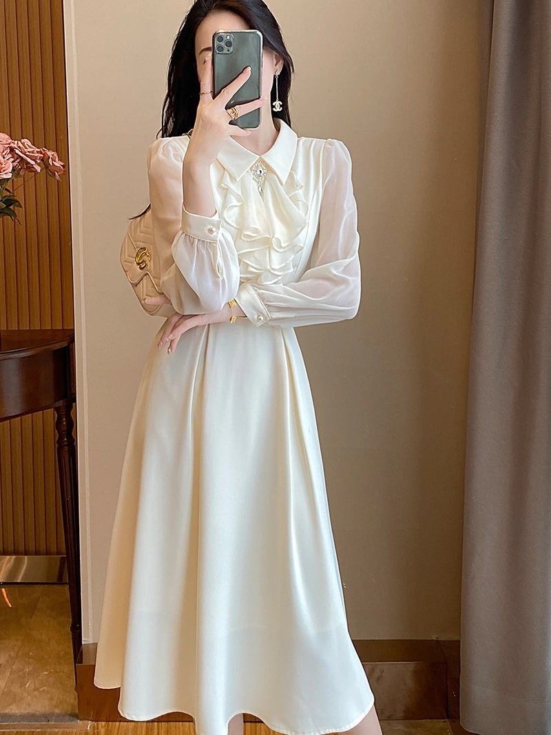 人气新作 シャツワンピース 韓国ファッション レディース おしゃれ かわいい カジュアル お 長袖スリムAラインワンピース L 通勤ウエストワンピース