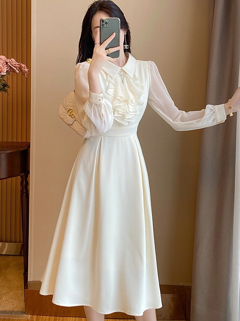 人气新作 シャツワンピース 韓国ファッション レディース おしゃれ かわいい カジュアル お 長袖スリムAラインワンピース L 通勤ウエストワンピース