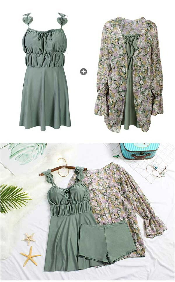 ワンピース水着 ぽっちゃり水着 3点セット レディース 水着 体型カバー 大きいサイズ フリル 花柄 小花柄 キャミワンピ 無地 くすみカラー シンプル 海 プール 大人 可愛い 韓国風 着痩せ 女性