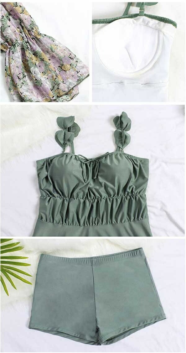 ワンピース水着 ぽっちゃり水着 3点セット レディース 水着 体型カバー 大きいサイズ フリル 花柄 小花柄 キャミワンピ 無地 くすみカラー シンプル 海 プール 大人 可愛い 韓国風 着痩せ 女性