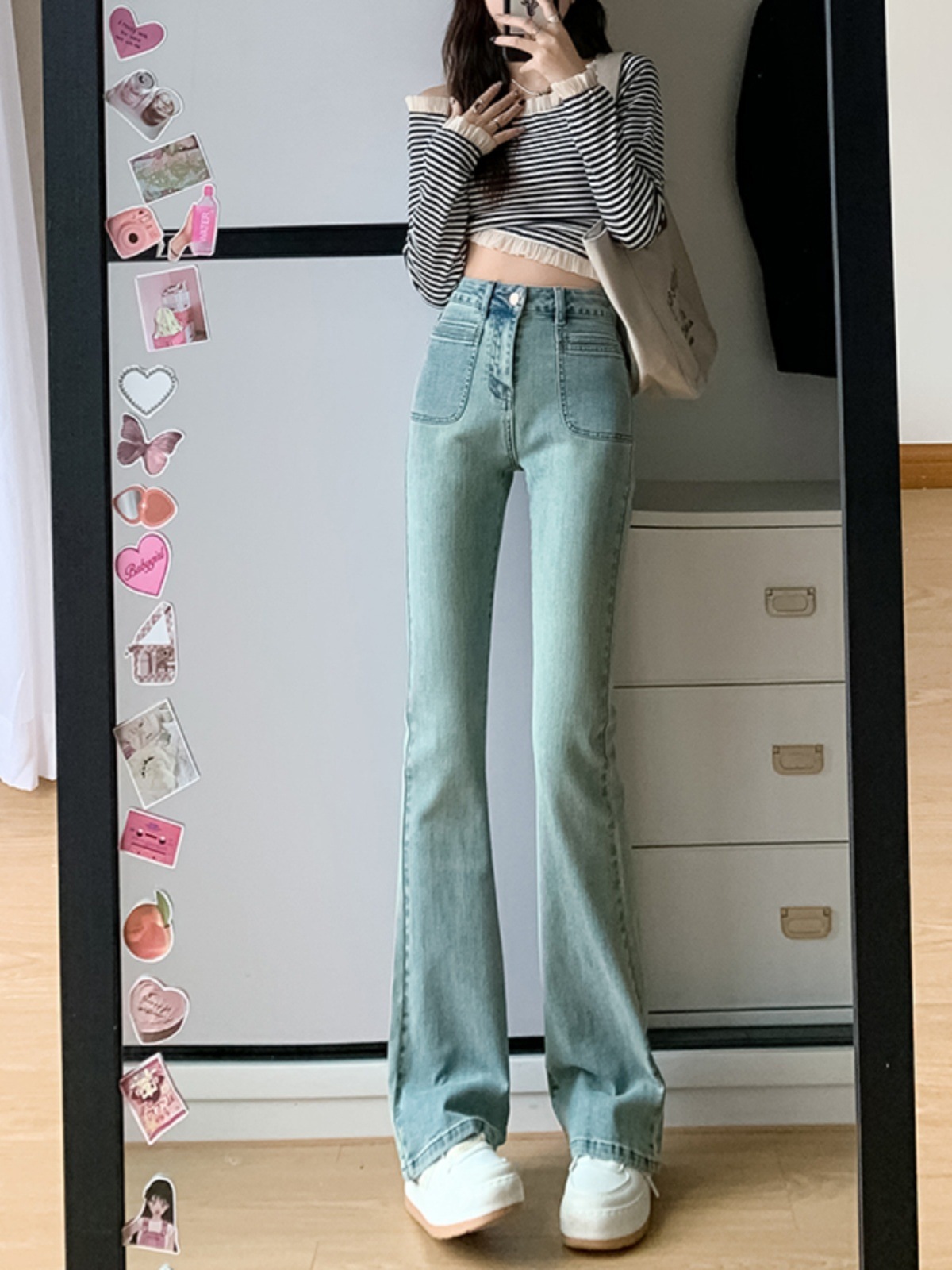 ハイウエストマイクロラージジーンズ女性春秋冬秋と秋新しい小さなl人スリム細い百弾性サブ付き