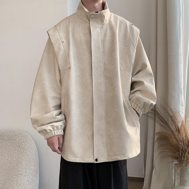 2024秋の新しいメンズウォッシュレトロフロストレザージャケットルーズスタンドカラーレザージャケットトレンディカジュアルジャケット