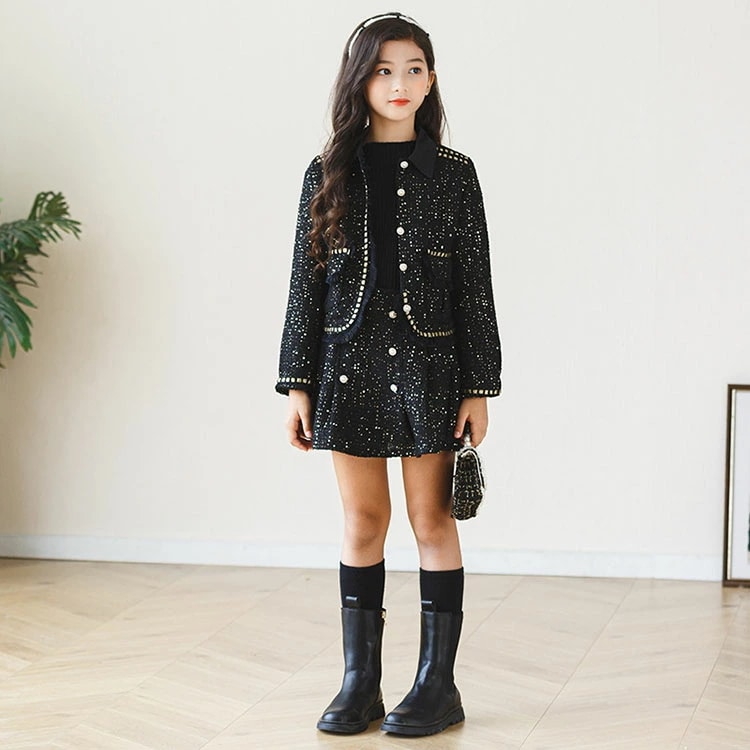 入学式 卒業式 子供服 女の子 小学生 子供 ドレス スカート ツイード スーツ ジャケット ショート丈 フォーマル スーツ 子供服 女の子 黒 可愛い キッズ セットアップ 入園式 卒園式 幼稚園