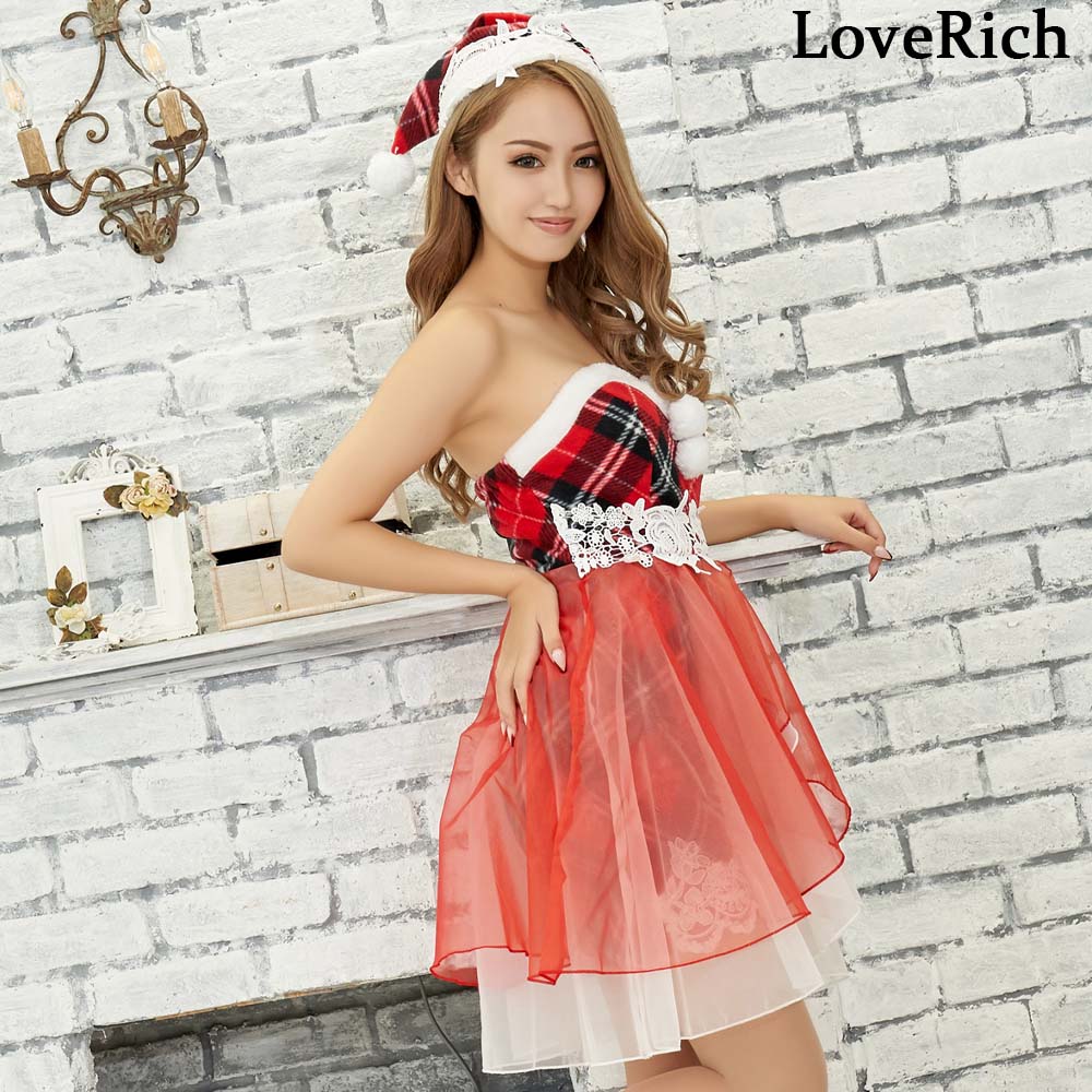 サンタコスチューム キャバドレス ワンピース オーガンジーレース2点セット クリスマス チェック柄 サンタコスチューム キャバドレス ワンピース オーガンジーレース2点セット クリスマス チェック柄
