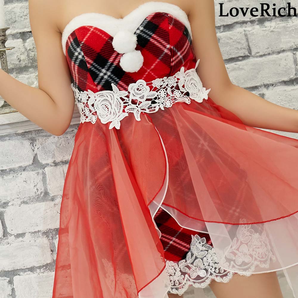 サンタコスチューム キャバドレス ワンピース オーガンジーレース2点セット クリスマス チェック柄 サンタコスチューム キャバドレス ワンピース オーガンジーレース2点セット クリスマス チェック柄
