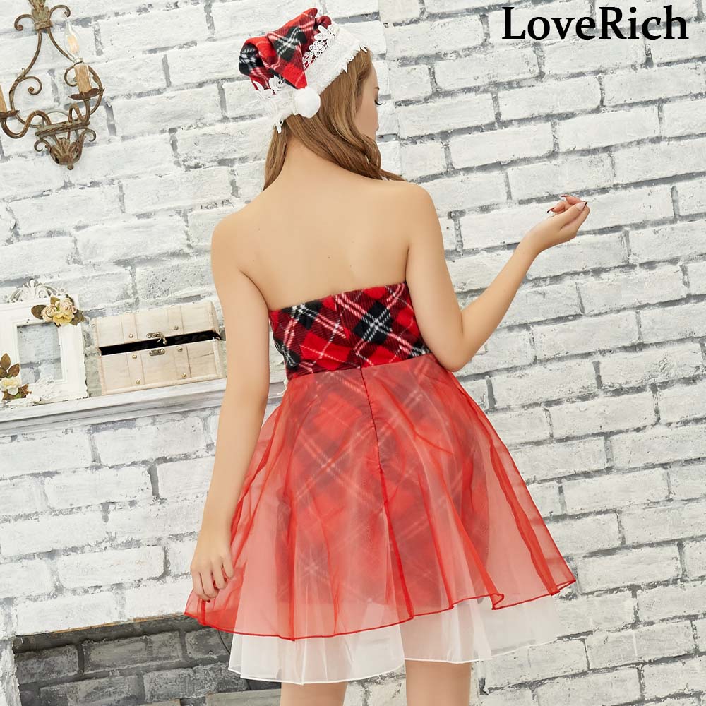 サンタコスチューム キャバドレス ワンピース オーガンジーレース2点セット クリスマス チェック柄 サンタコスチューム キャバドレス ワンピース オーガンジーレース2点セット クリスマス チェック柄