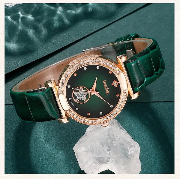 6個セットグリーン高級クォーツ時計女性リングネックレスイヤリングラインストーンファッション腕時計カジュアルレディースブレスレット