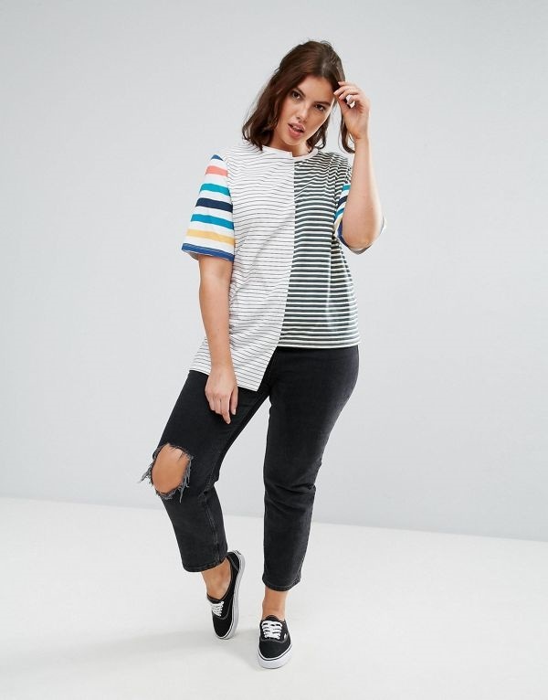 ASOS エイソス レディース 大きめサイズ ゆったりサイズ 送料無料 Multi CURVE T-Shirt in Oversized Fit and Mix and Match Stripes