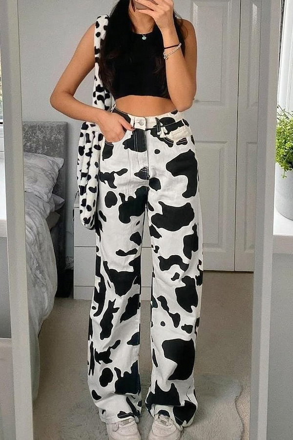 Qoo10] 牛柄デニムパンツジーンズロングパンツハイ