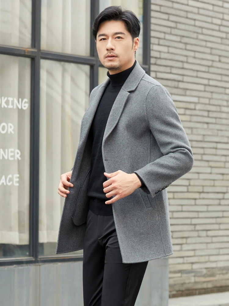 秋冬両面カシミアコートメンズミディアム丈ピュアウールツイードジャケットアンチシーズン高級スーツビジネス ビジネストレンチコート