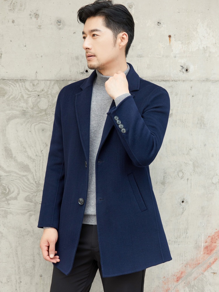 秋冬両面カシミアコートメンズミディアム丈ピュアウールツイードジャケットアンチシーズン高級スーツビジネス ビジネストレンチコート