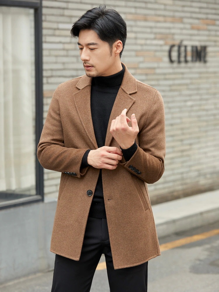 秋冬両面カシミアコートメンズミディアム丈ピュアウールツイードジャケットアンチシーズン高級スーツビジネス ビジネストレンチコート