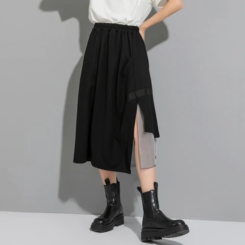 個性 不規則 デザイン チュールレイヤード スリットミディ丈スカート 個性スカート