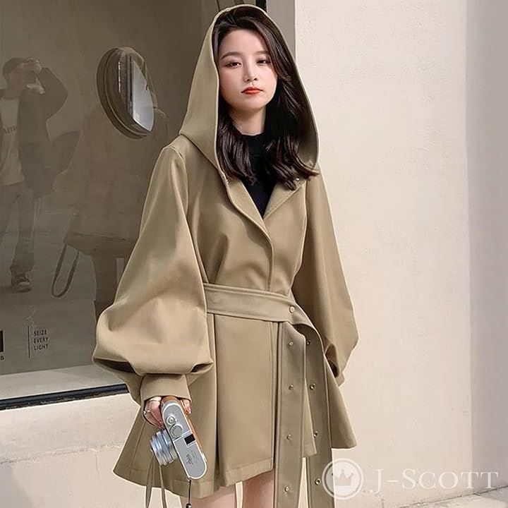 コート レディース トレンチ スプリング フード付 バルーンスリーブ Aライン ポンチョ ベルト付 ショート丈 オシャレ着 カジュアル 腰周り フーデットコート 羽織(ベージュ, S) コート レディース トレンチ スプリング フード付 バルーンスリーブ Aライン ポンチョ ベルト付 ショート丈 オシャレ着 カジュアル 腰周り フーデットコート 羽織(ベージュ, S)