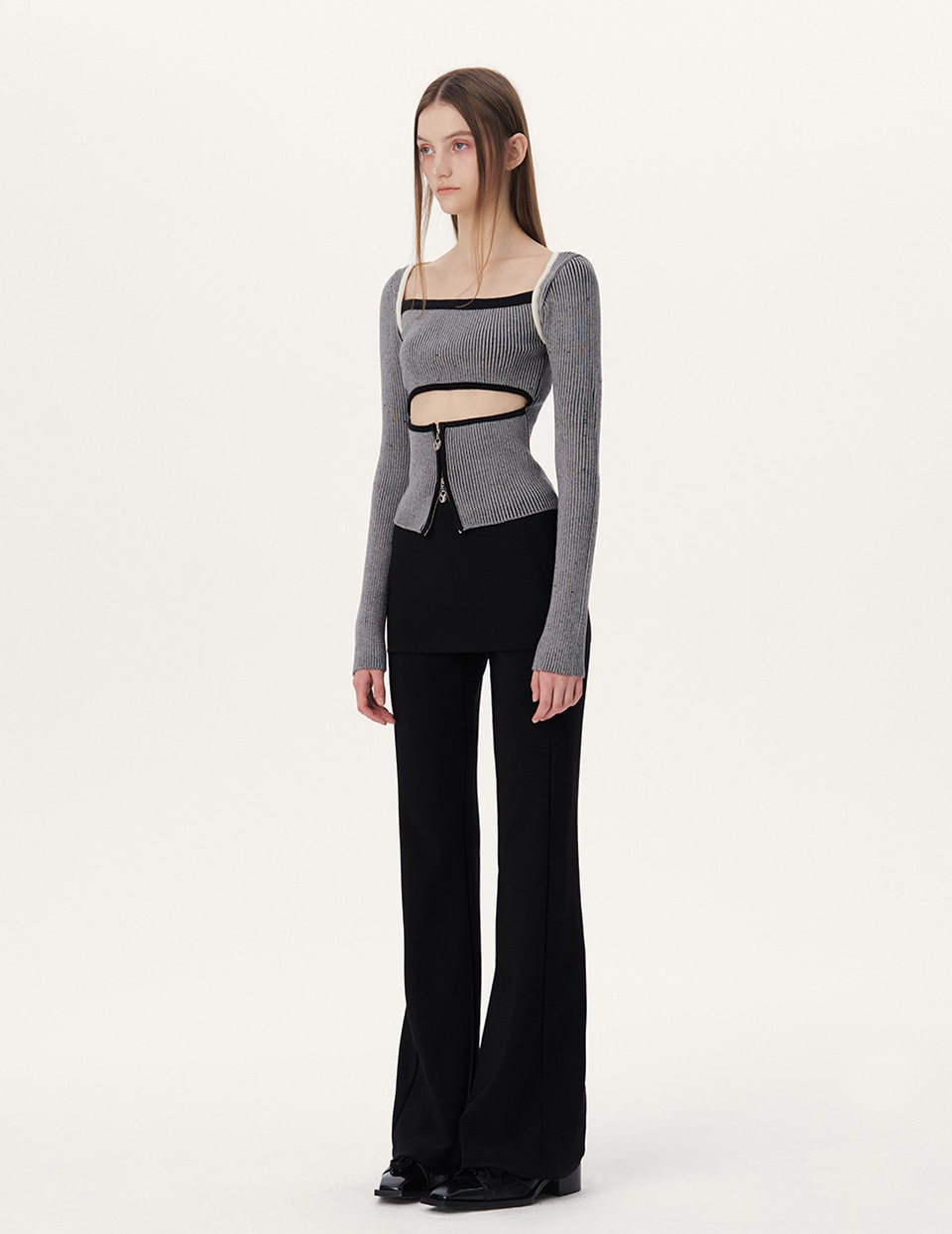 【YUSE】 TWO TONE BOLERO CUT OUT KNIT TOP : BLACK 【YUSE】 TWO TONE BOLERO CUT OUT KNIT TOP : BLACK