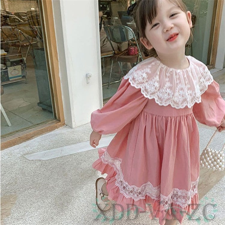 子供服 ワンピース ピンク 韓国子供服 キッズ ※アウトレット品 女の子 d 春服 長袖ワンピース レース 子供ドレス