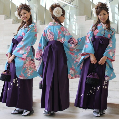 レンタル卒業式 袴 レンタル 女 袴セット 卒業式袴セット2尺袖着物＆袴 フルセットレンタル 安い 青地に紫系古典調花柄と雪輪ハカマ はかま rental