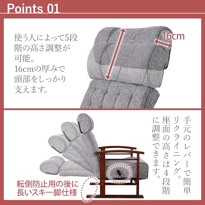 ヘッドが伸びる高座椅子 グレー／座椅子 肘掛け付 肘付き 高さ調整 リクライニング ヘッドレスト付 ポケットコイル ファブリック