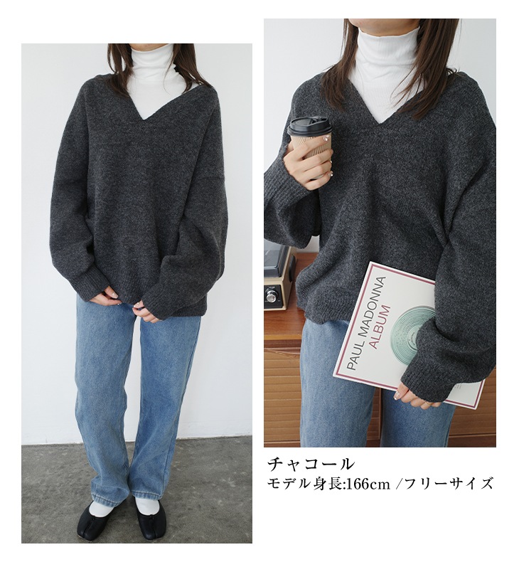 トップス セーター ロング ワイド 体型カバー 長袖 二の腕カバー Vネック ふんわり ぽわん袖 ドロップショルダー ゆる感 ボーダー カジュアル レディースファッション 20代 30代 40代 50