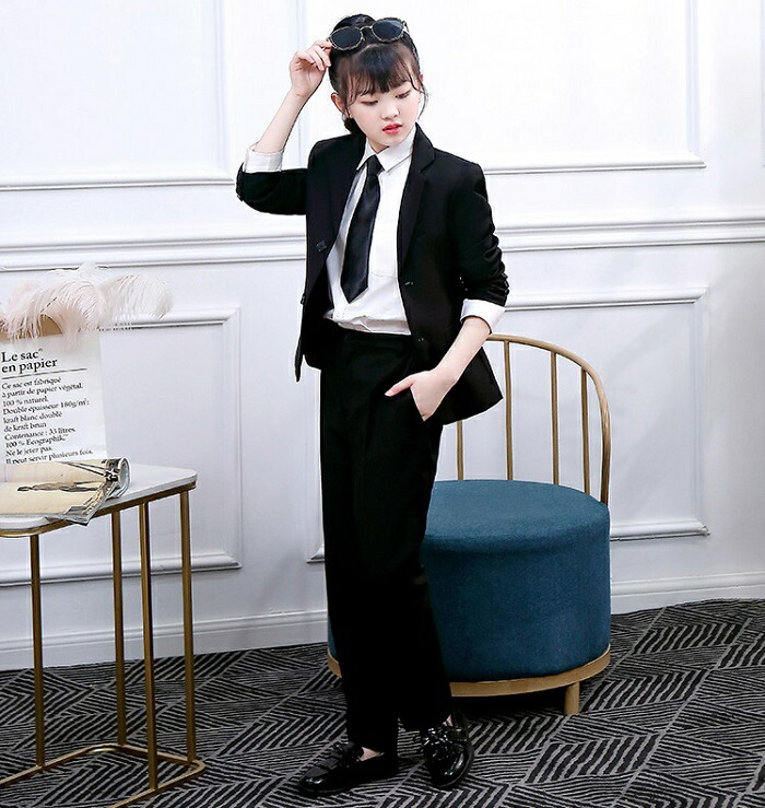 【急速出荷】卒業式 スーツ 女の子 子供スーツ 入学式スーツ 大きいサイズ 3点セット ジャケット パンツ ネクタイ キッズスーツ 子どもスーツ 演出衣装 ダンス衣装 中学生ペイトン 卒園式 ジュニ