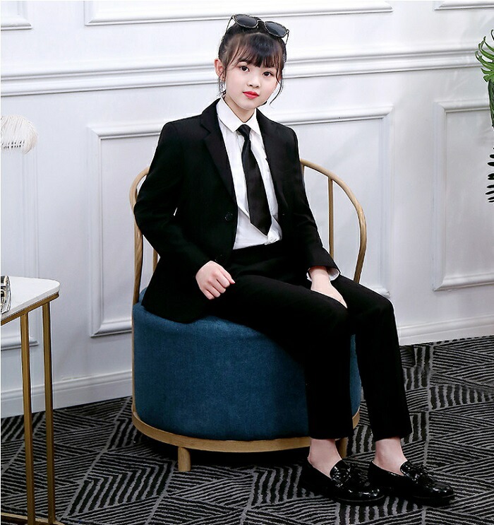 【急速出荷】卒業式 スーツ 女の子 子供スーツ 入学式スーツ 大きいサイズ 3点セット ジャケット パンツ ネクタイ キッズスーツ 子どもスーツ 演出衣装 ダンス衣装 中学生ペイトン 卒園式 ジュニ