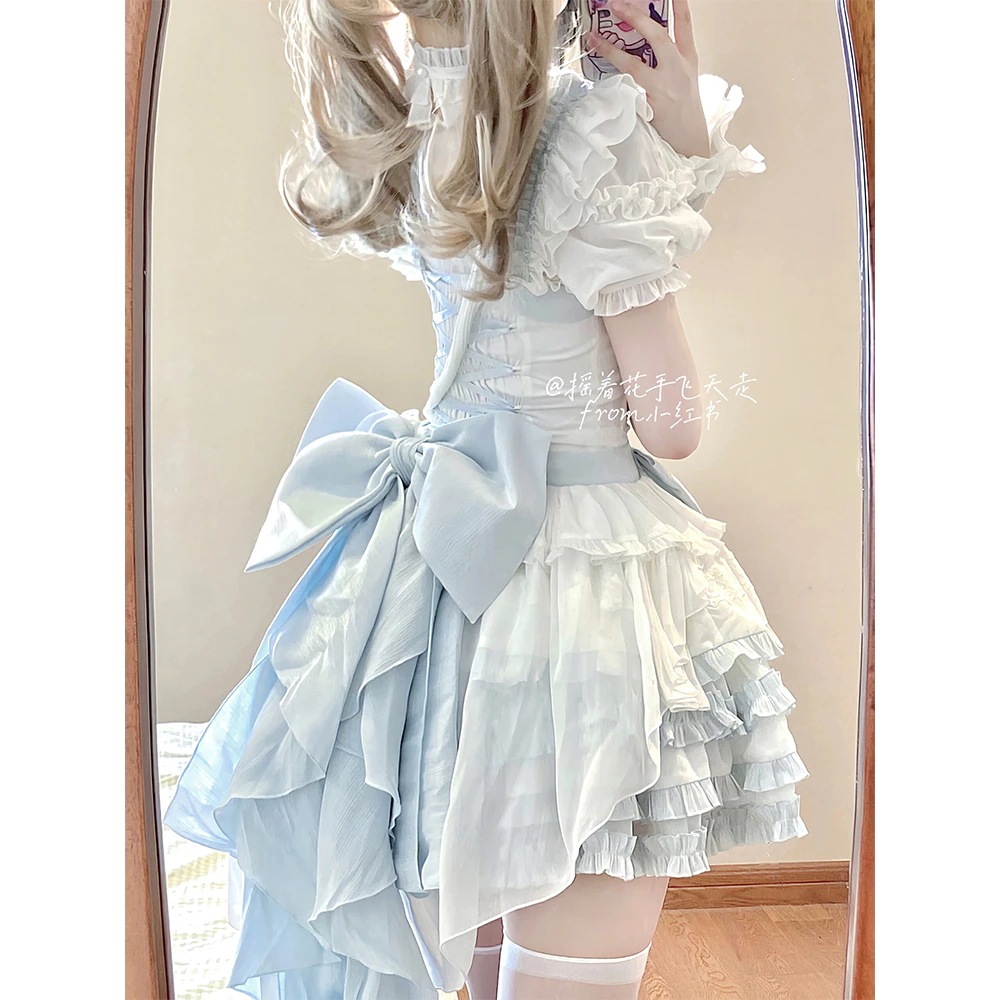 [コスプレ] 青と白の甘いロリータドレスかわいいリボンレースプリンセススカート コスチューム