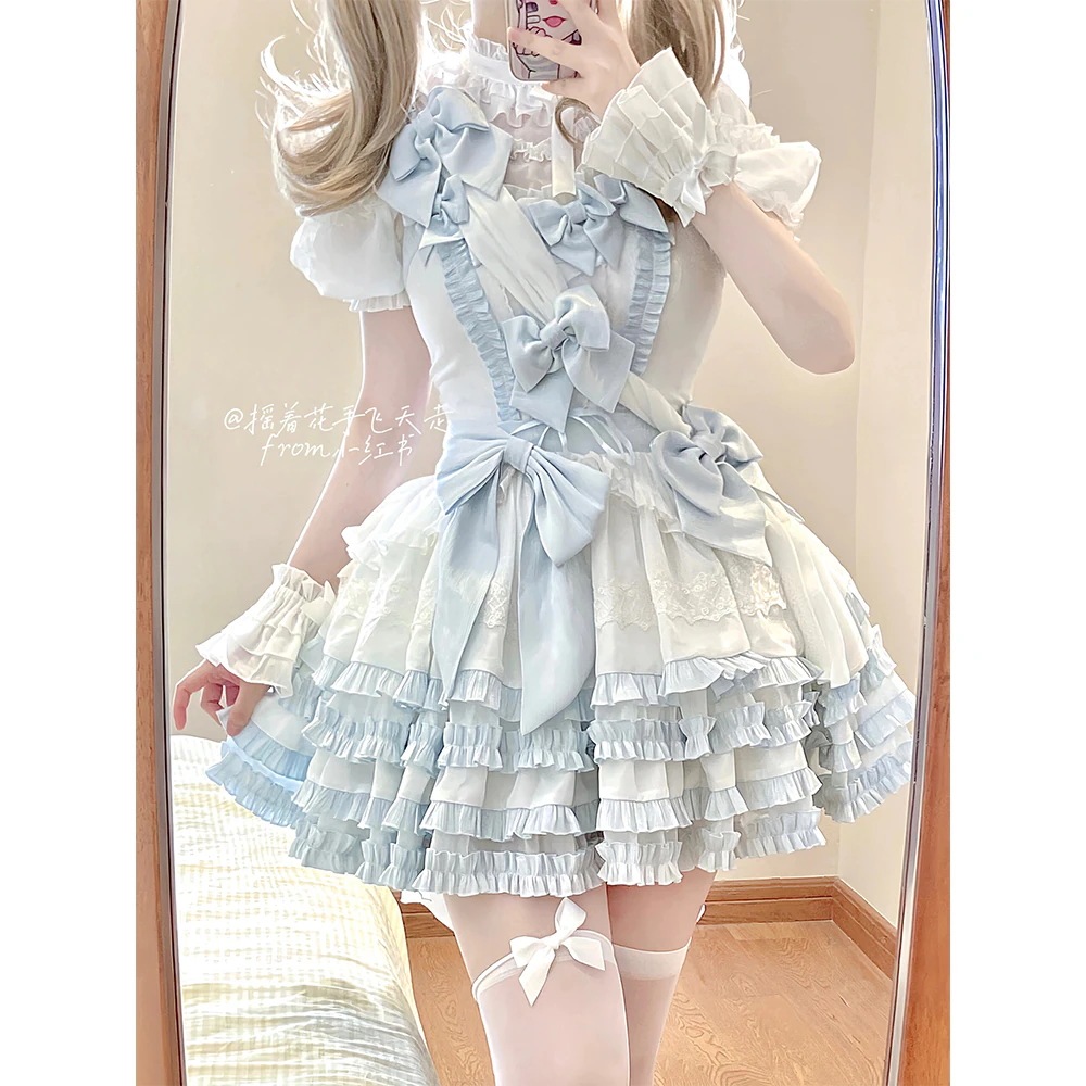 [コスプレ] 青と白の甘いロリータドレスかわいいリボンレースプリンセススカート コスチューム