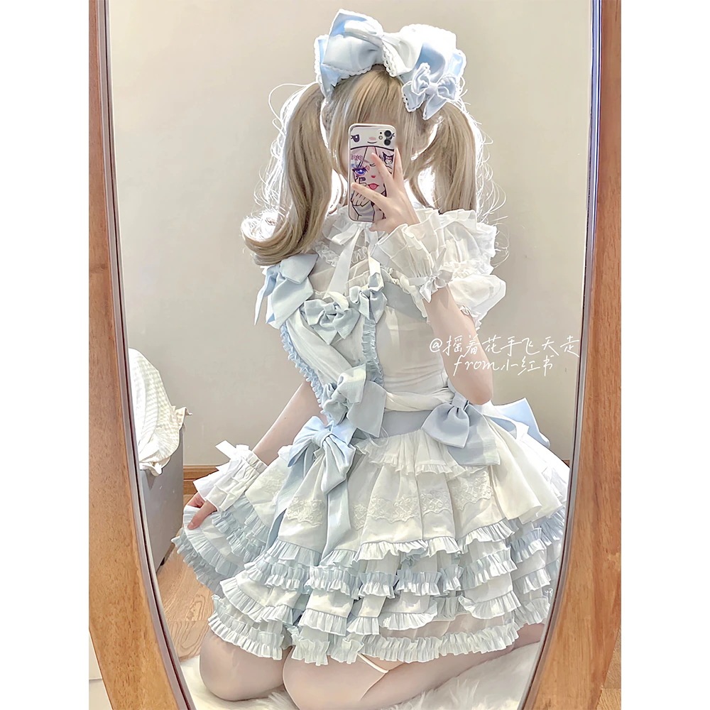 [コスプレ] 青と白の甘いロリータドレスかわいいリボンレースプリンセススカート コスチューム