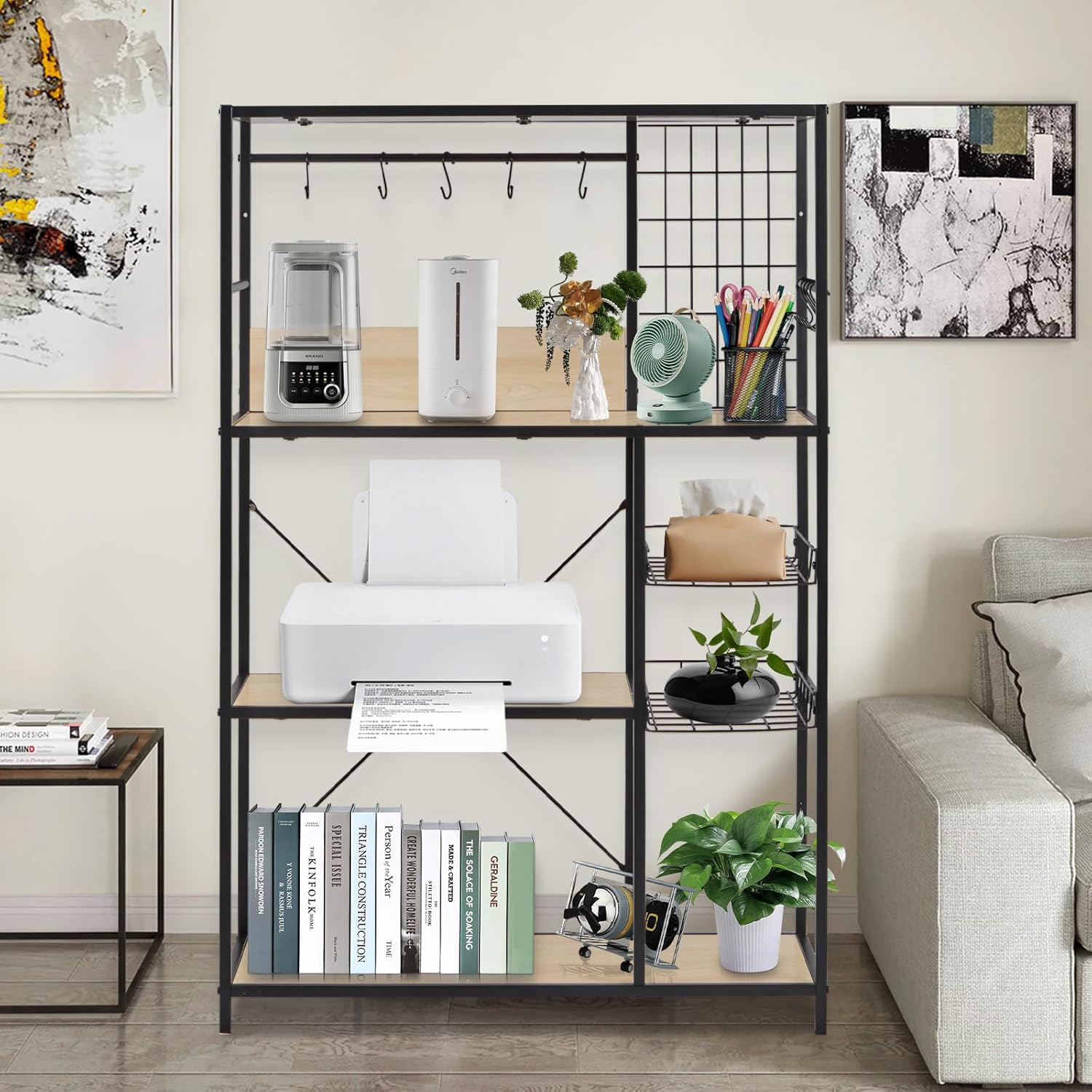 レンジラック レンジ台 キッチンラック 幅83 食器棚 キッチン棚 全体耐荷重90kg 大型電子レンジ対応 キッチン収納 S字フック10個 アジャスター付きオープンラック