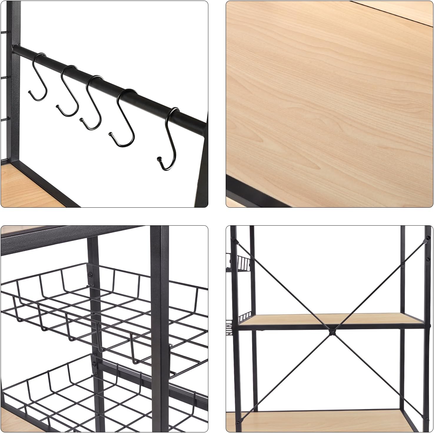 レンジラック レンジ台 キッチンラック 幅83 食器棚 キッチン棚 全体耐荷重90kg 大型電子レンジ対応 キッチン収納 S字フック10個 アジャスター付きオープンラック