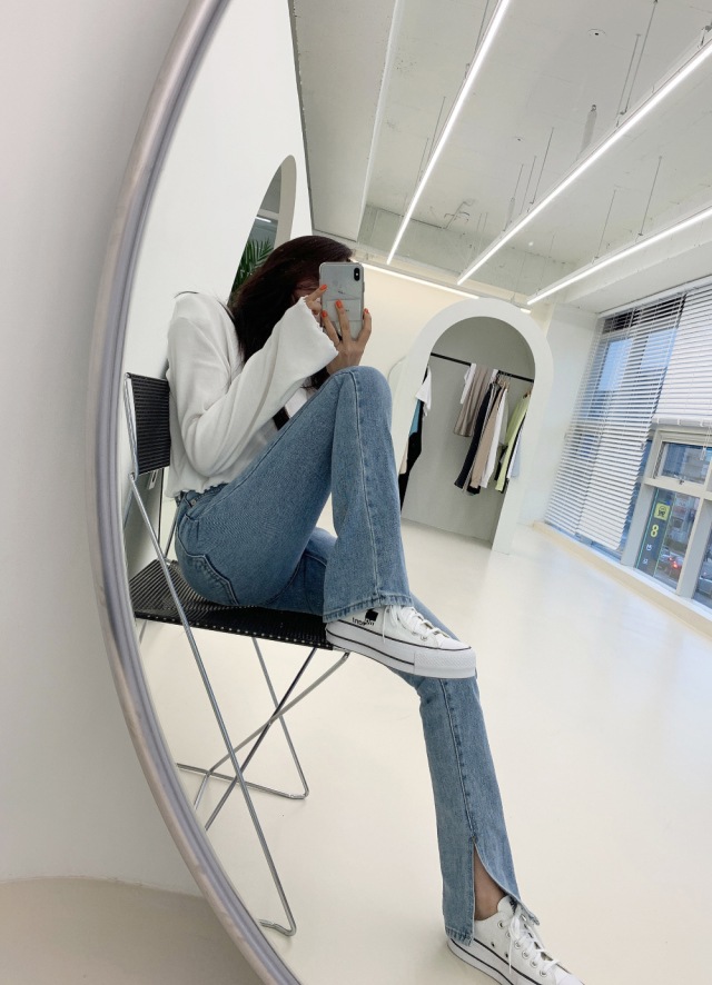 ストレートジーンズ スリット ルーズ ストレート デニム 代引不可 ジーンズ 春 ハイウエスト 韓国 美脚 秋