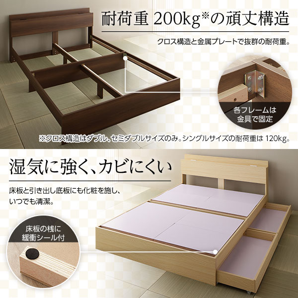 ベッド 収納付き 引き出し付き 木製 棚付き 宮付き コンセント付き シンプル 和 モダン ブラウン セミダブル ボンネルコイルマットレス付き