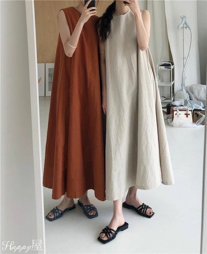 ワンピース マキシワンピース タンクワンピース レディース ロング丈 リネン風 ノースリーブ Aライン 無地 ゆったり 着痩せ 体型カバー　オシャレ 夏 新作 送料無料