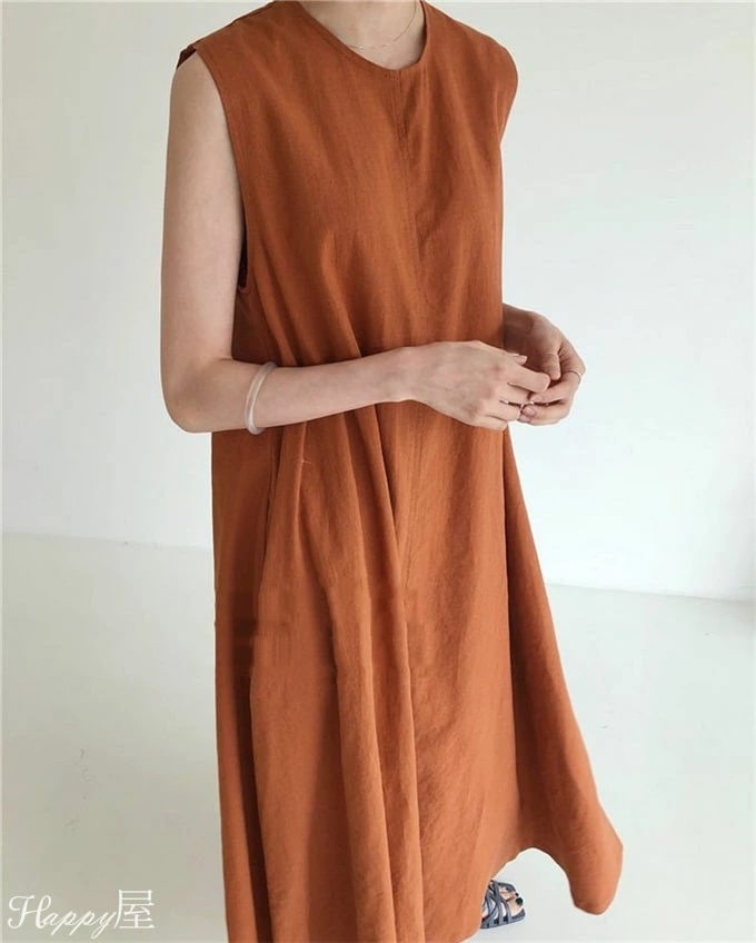 ワンピース マキシワンピース タンクワンピース レディース ロング丈 リネン風 ノースリーブ Aライン 無地 ゆったり 着痩せ 体型カバー　オシャレ 夏 新作 送料無料