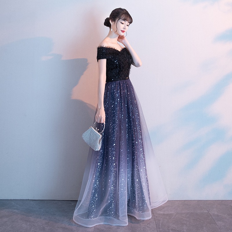 一字肩星空グラデーションドレス2025新型宴会気質端正司会者気場女王ワンピース 一字肩星空グラデーションドレス2025新型宴会気質端正司会者気場女王ワンピース