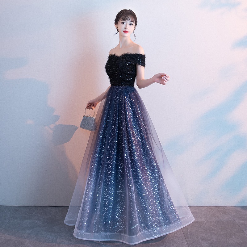 一字肩星空グラデーションドレス2025新型宴会気質端正司会者気場女王ワンピース 一字肩星空グラデーションドレス2025新型宴会気質端正司会者気場女王ワンピース