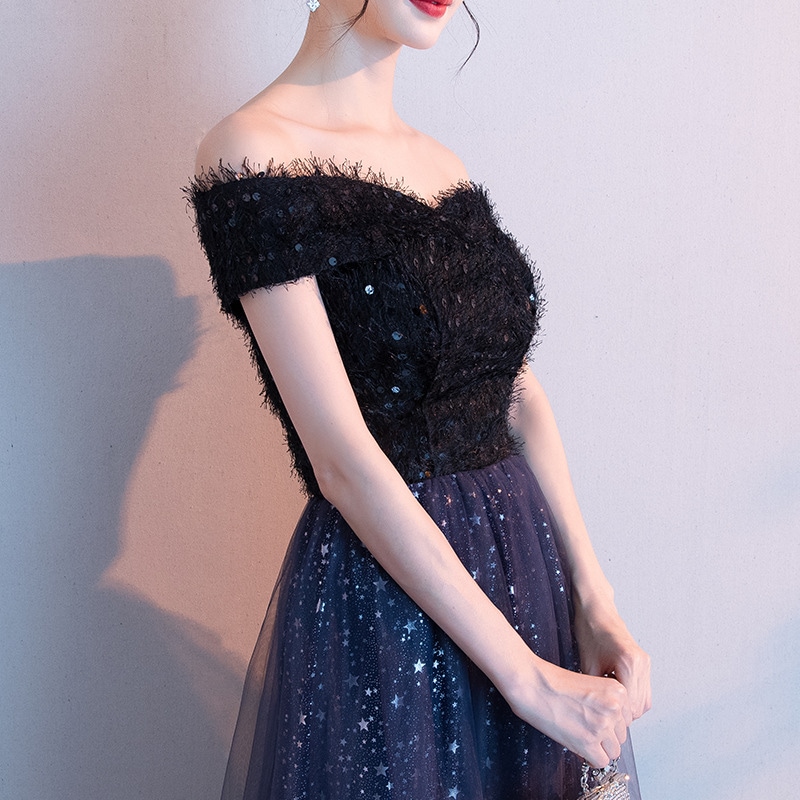 一字肩星空グラデーションドレス2025新型宴会気質端正司会者気場女王ワンピース 一字肩星空グラデーションドレス2025新型宴会気質端正司会者気場女王ワンピース