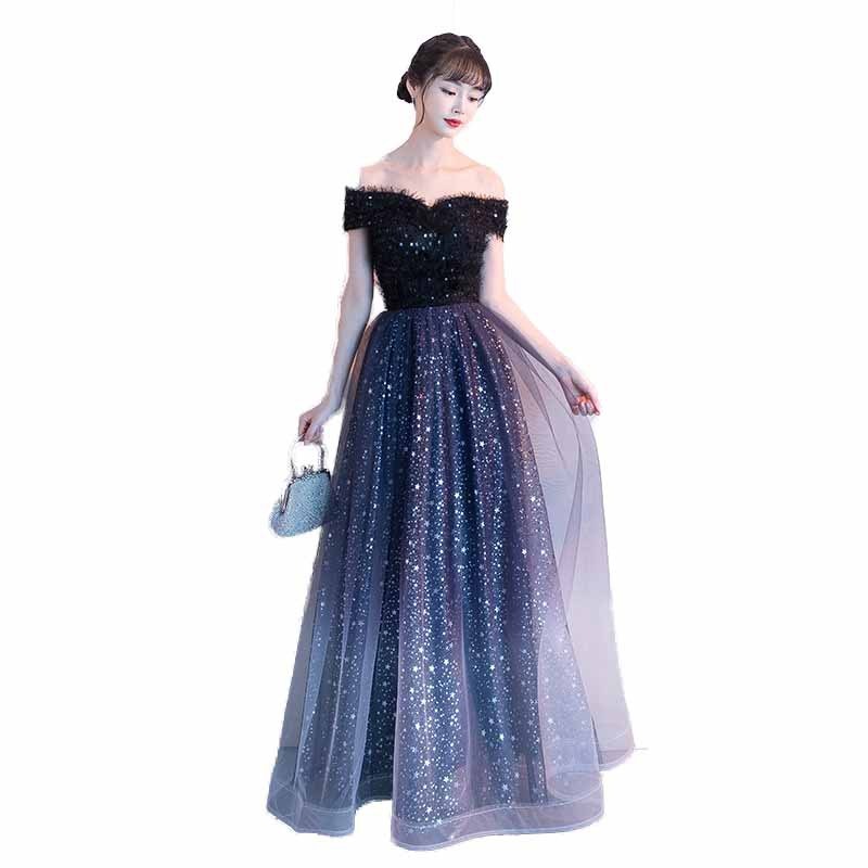 一字肩星空グラデーションドレス2025新型宴会気質端正司会者気場女王ワンピース 一字肩星空グラデーションドレス2025新型宴会気質端正司会者気場女王ワンピース